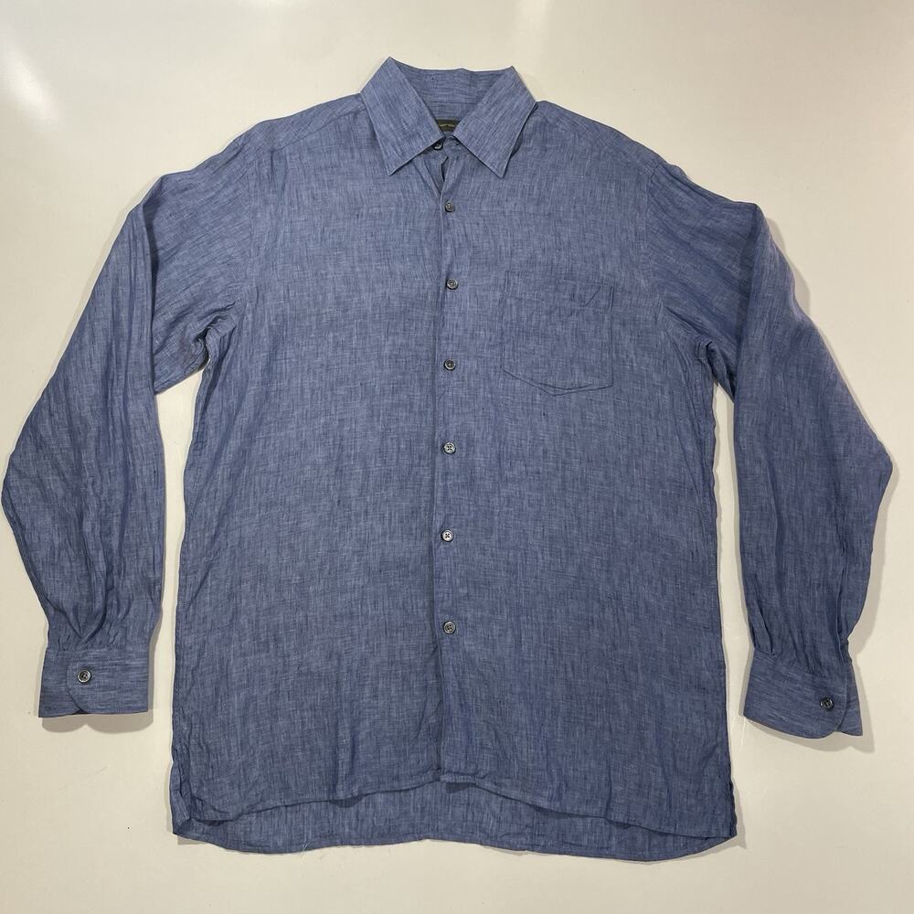 Ermenegildo Zegna Shirt Men’s Medium Blue 100% Linen Long Sleeve Point Collar